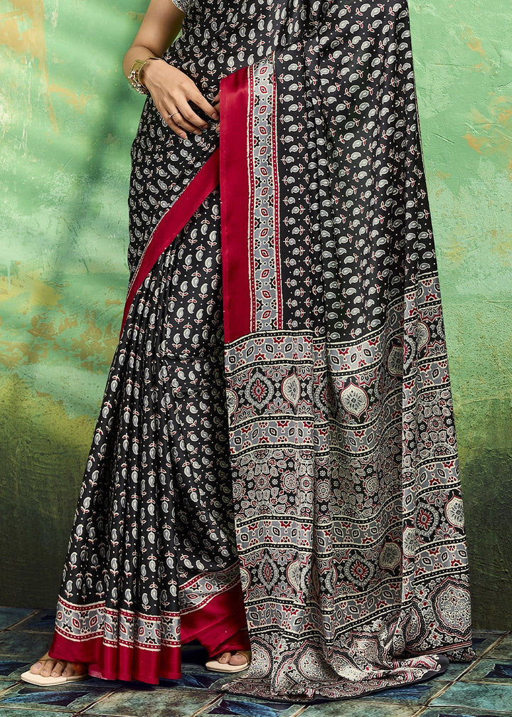 Charcoal Black Modal Satin Ajrakh Print Saree
