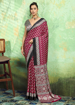 Wine Pink Modal Satin Ajrakh Print Saree
