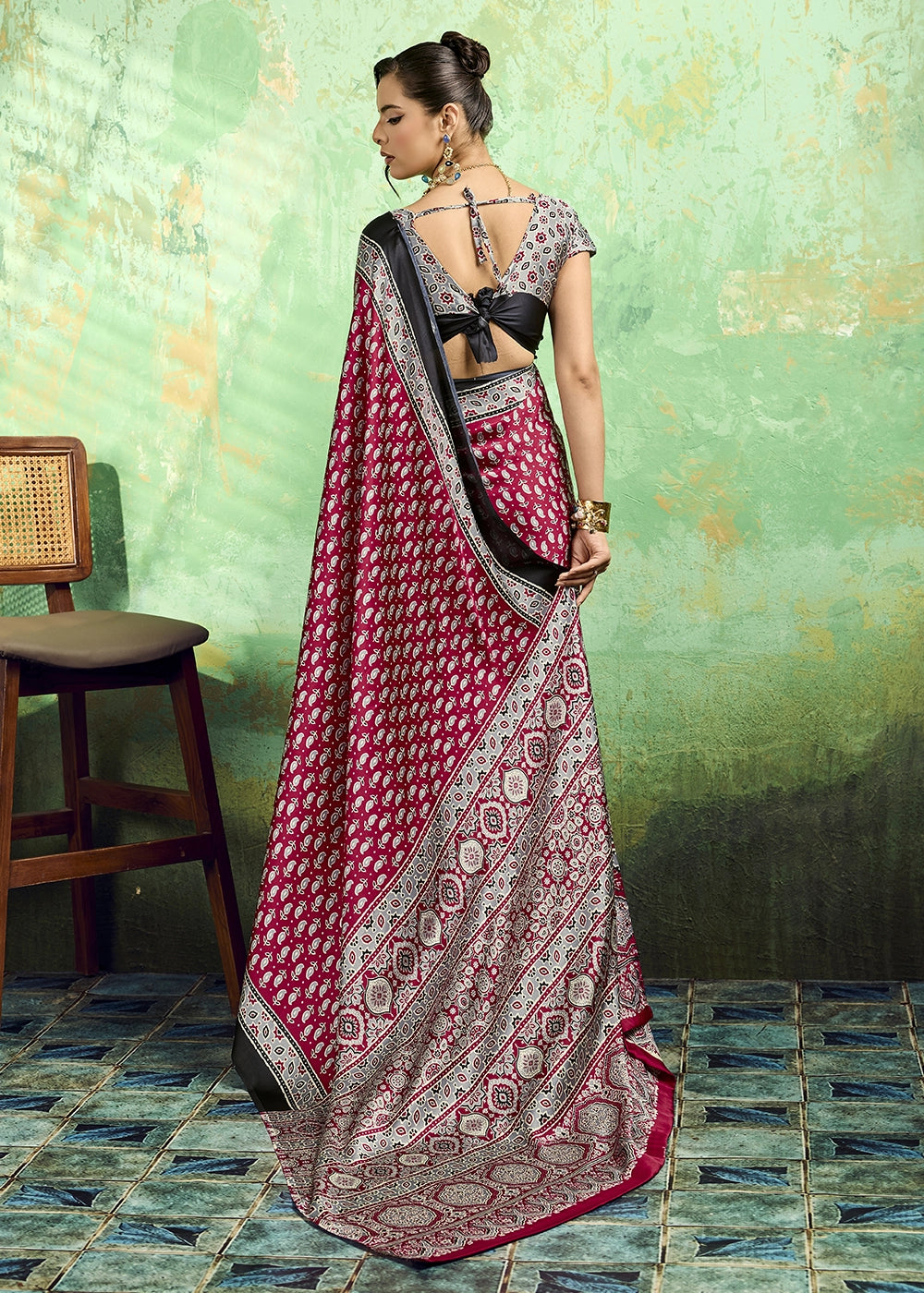 Wine Pink Modal Satin Ajrakh Print Saree