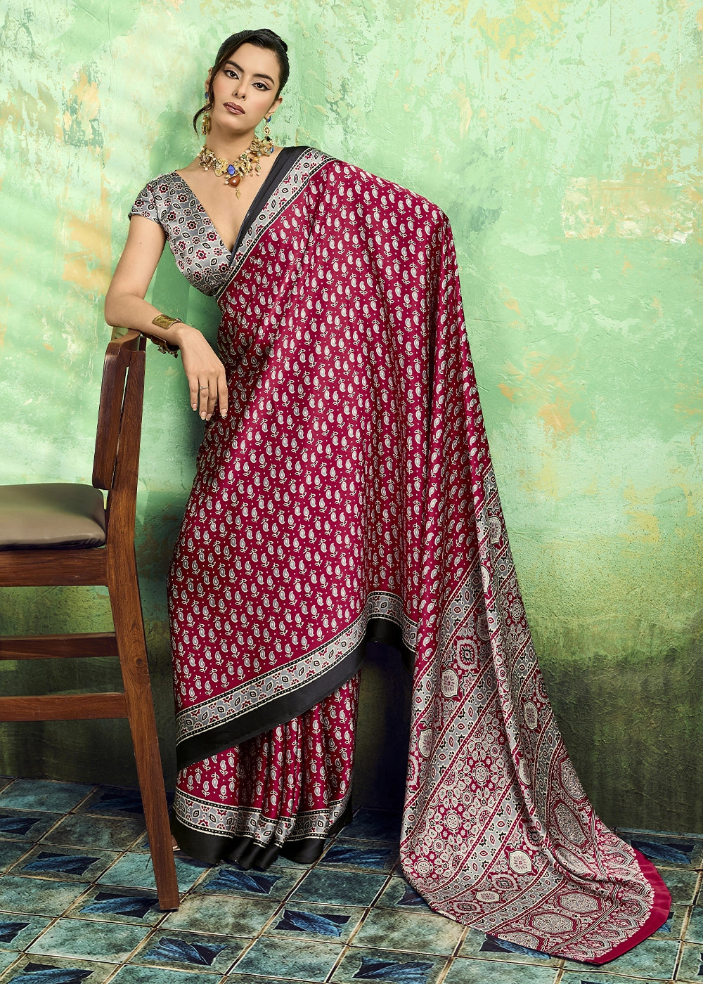 Wine Pink Modal Satin Ajrakh Print Saree