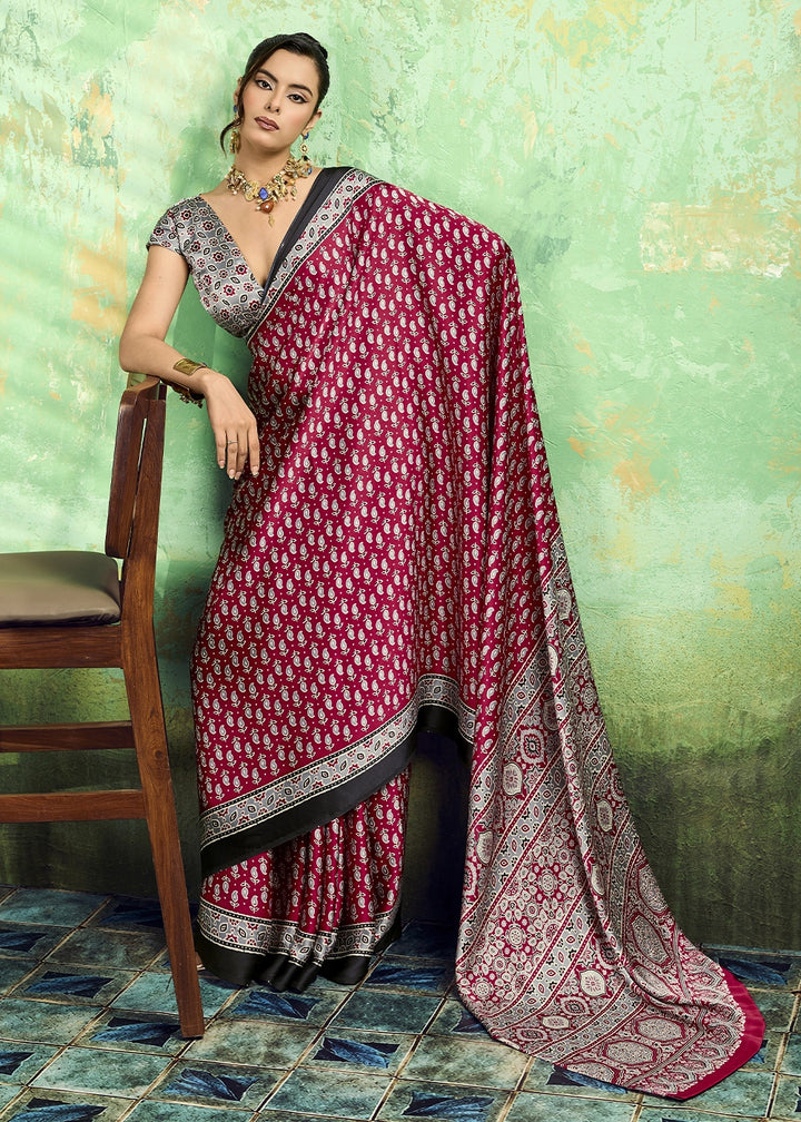 Wine Pink Modal Satin Ajrakh Print Saree