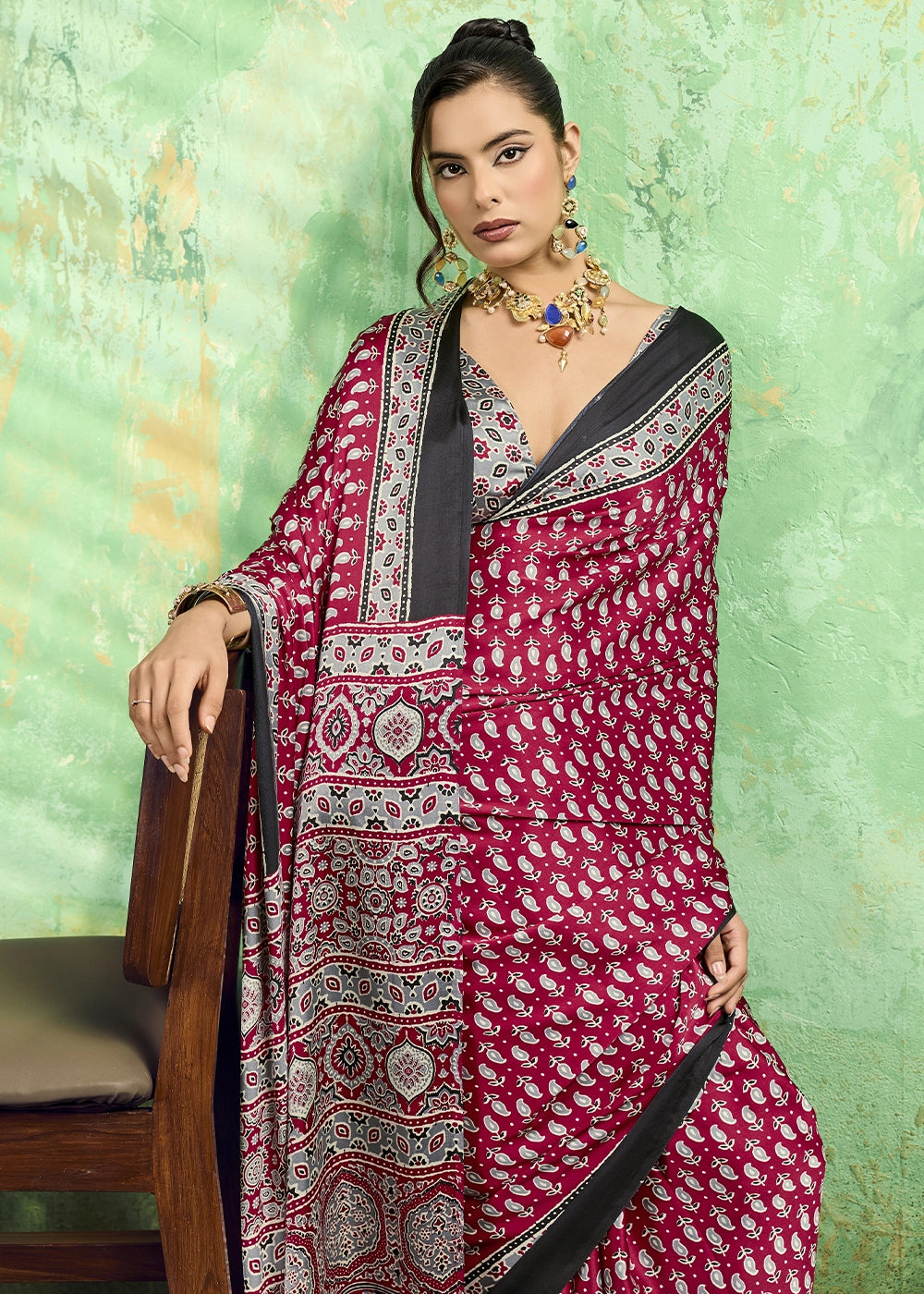 Wine Pink Modal Satin Ajrakh Print Saree