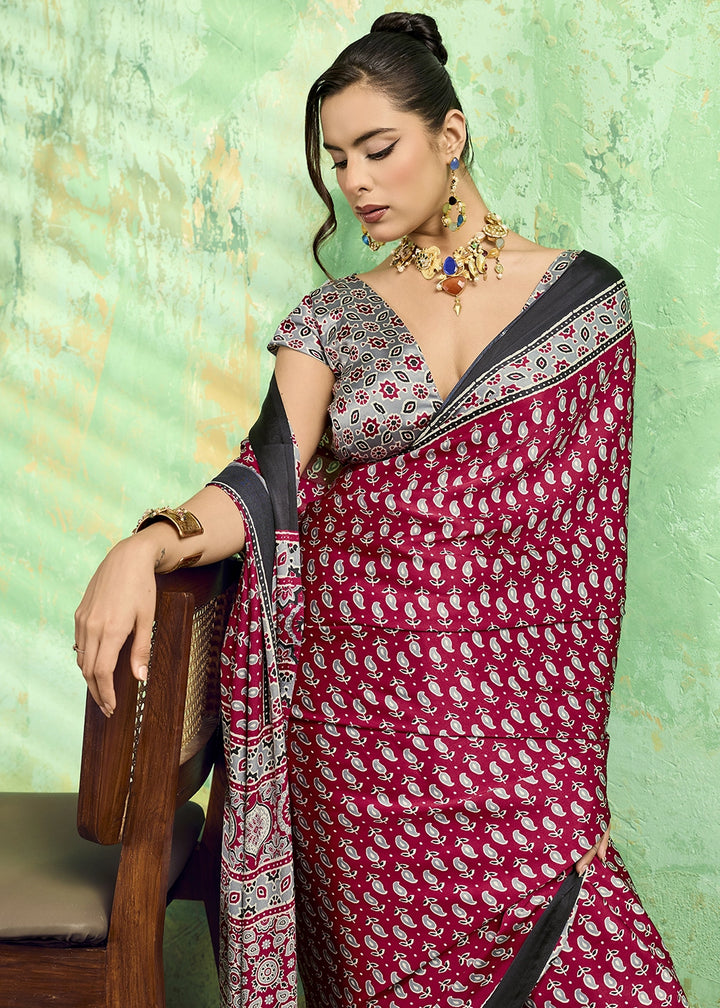 Wine Pink Modal Satin Ajrakh Print Saree