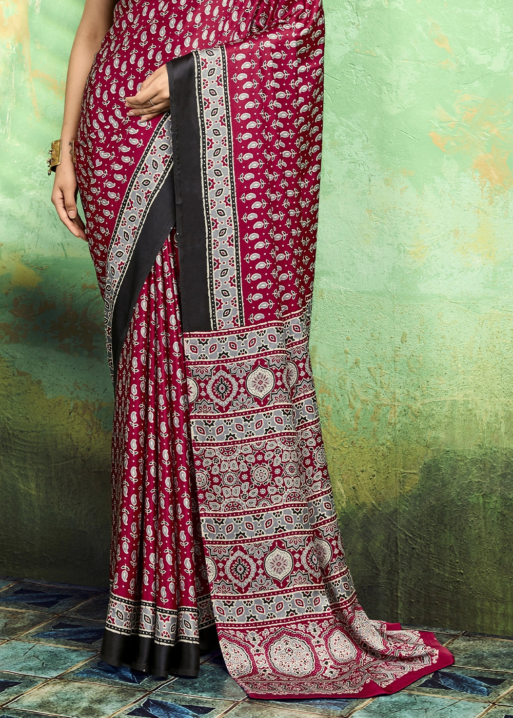 Wine Pink Modal Satin Ajrakh Print Saree