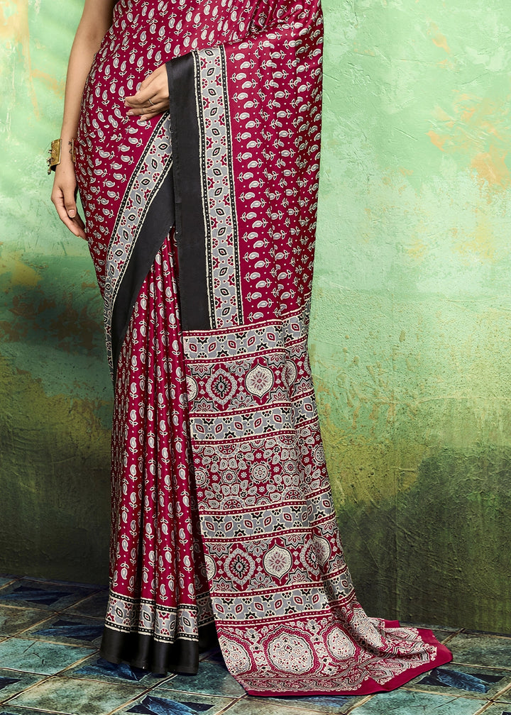 Wine Pink Modal Satin Ajrakh Print Saree