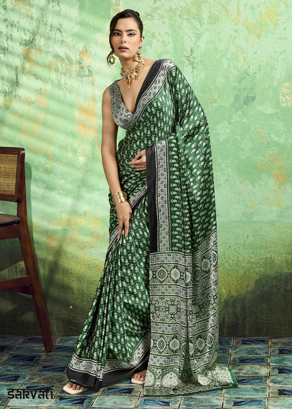 Emerald Green Modal Satin Ajrakh Print Saree