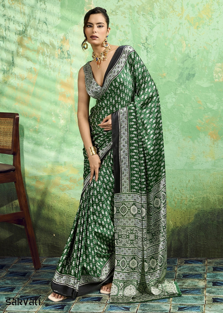 Emerald Green Modal Satin Ajrakh Print Saree