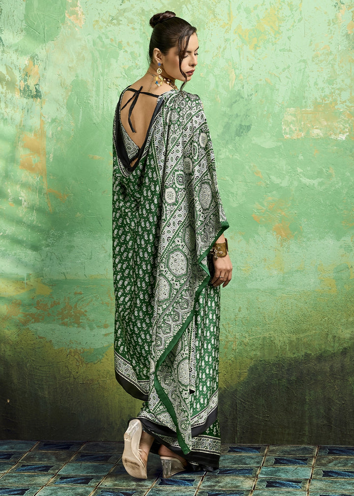 Emerald Green Modal Satin Ajrakh Print Saree