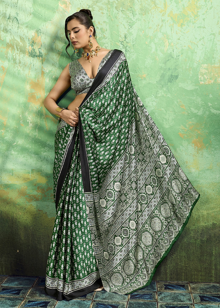 Emerald Green Modal Satin Ajrakh Print Saree
