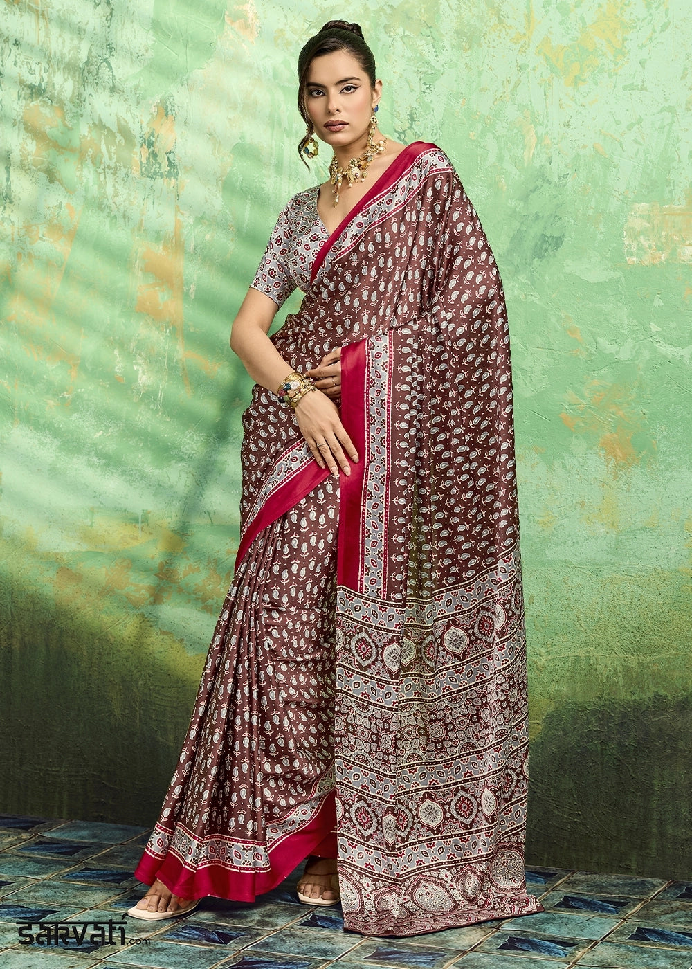 Brown Modal Satin Ajrakh Print Saree
