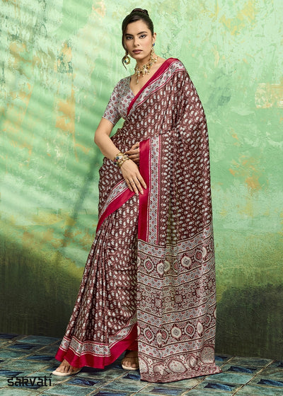 Brown Modal Satin Ajrakh Print Saree