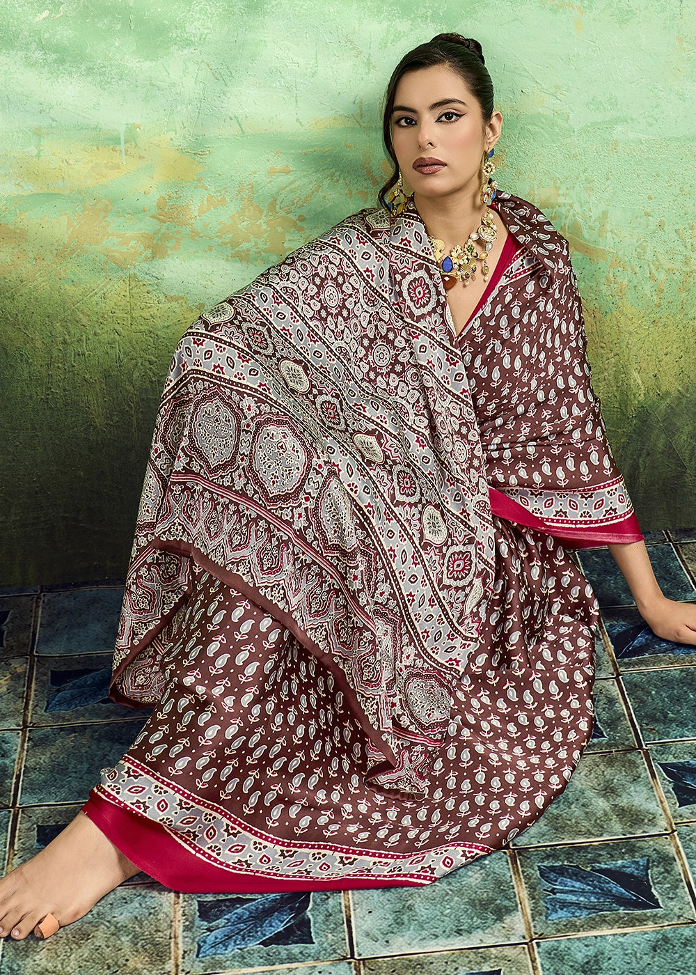 Brown Modal Satin Ajrakh Print Saree