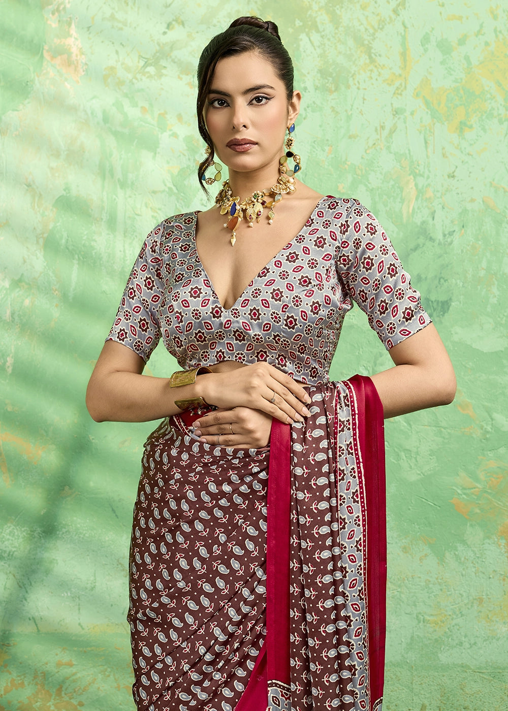 Brown Modal Satin Ajrakh Print Saree