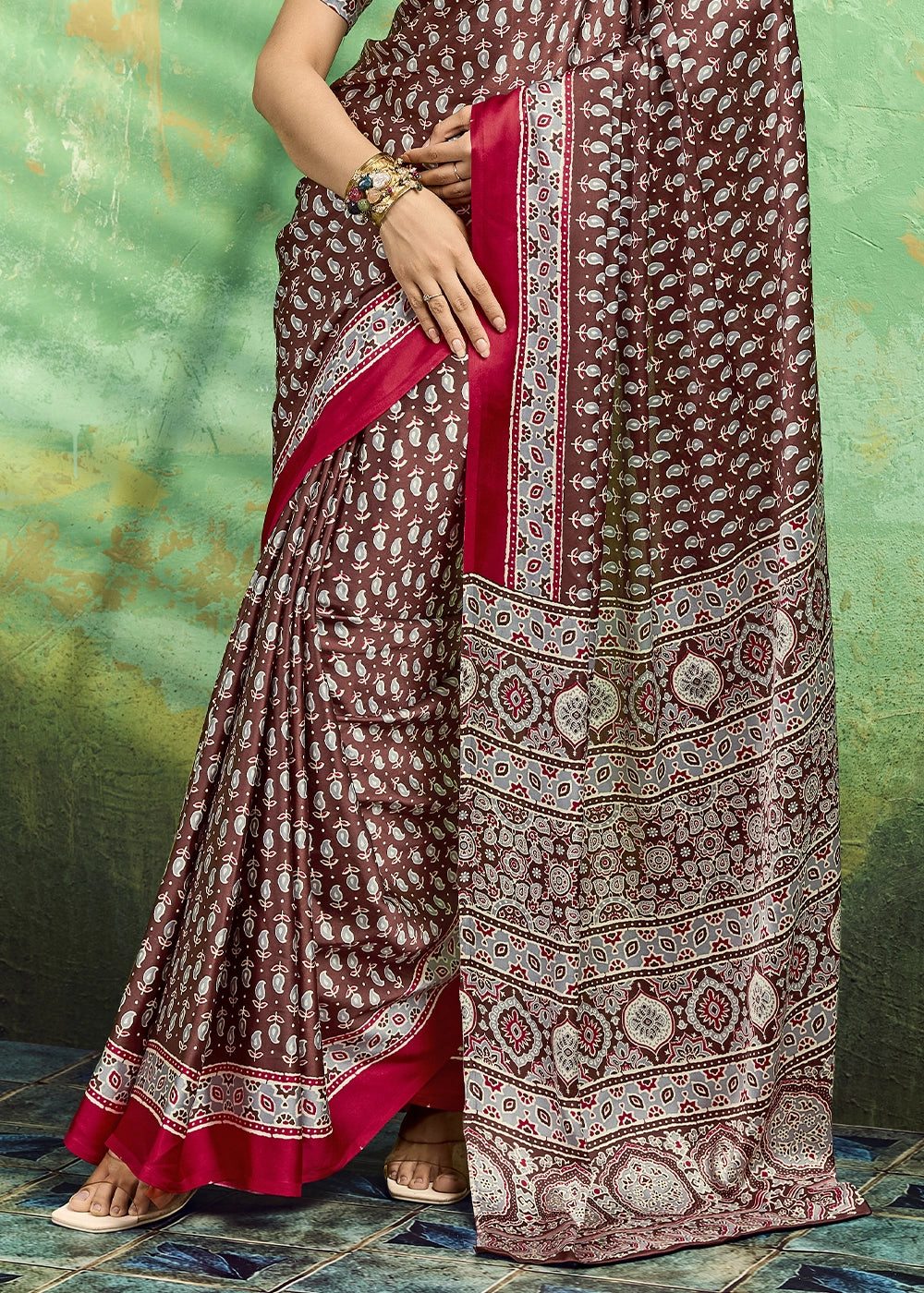 Brown Modal Satin Ajrakh Print Saree