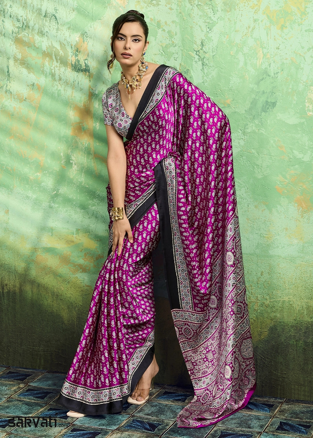 Rani Pink Modal Satin Ajrakh Print Saree