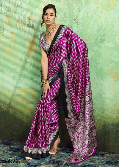 Rani Pink Modal Satin Ajrakh Print Saree