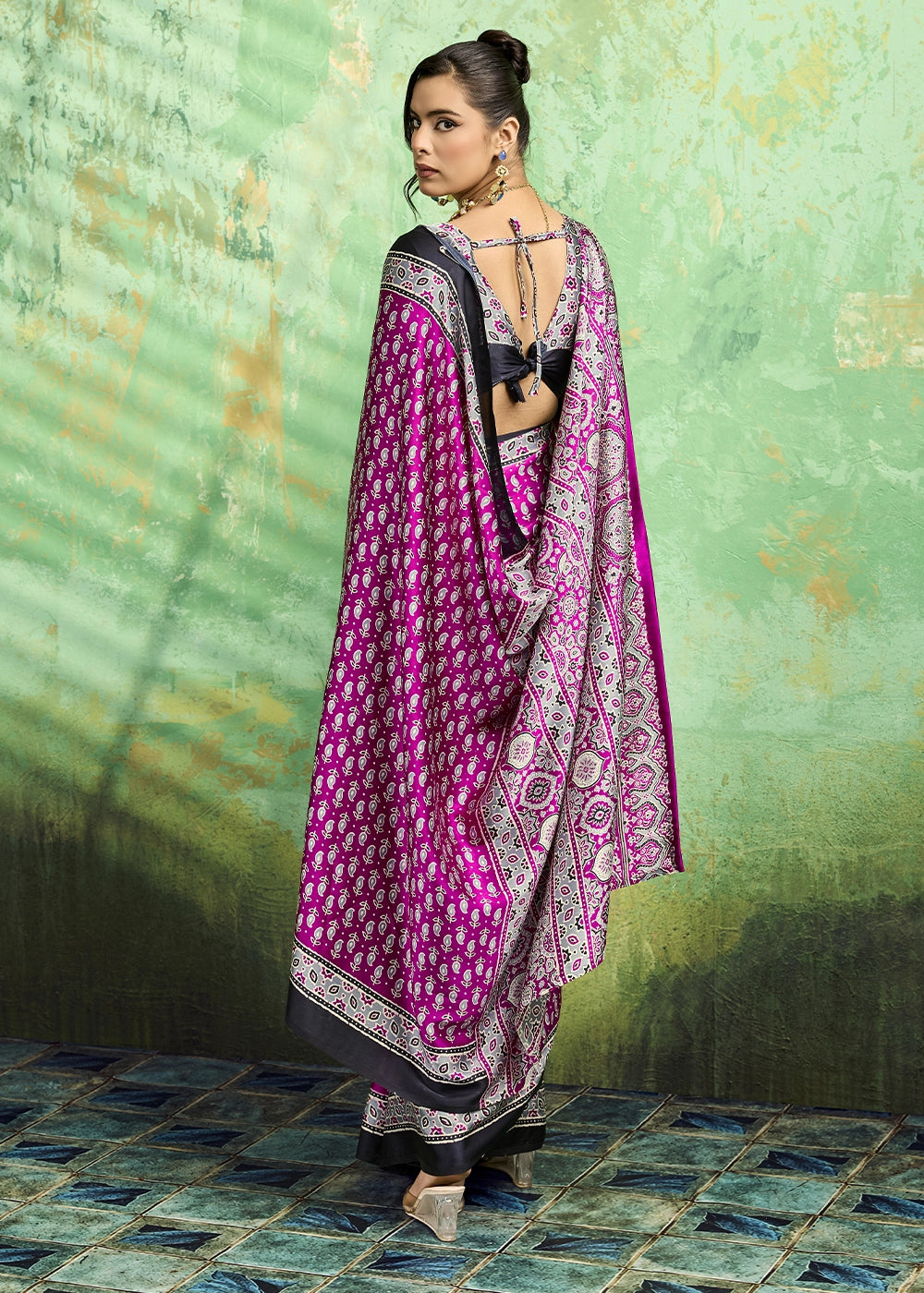 Rani Pink Modal Satin Ajrakh Print Saree