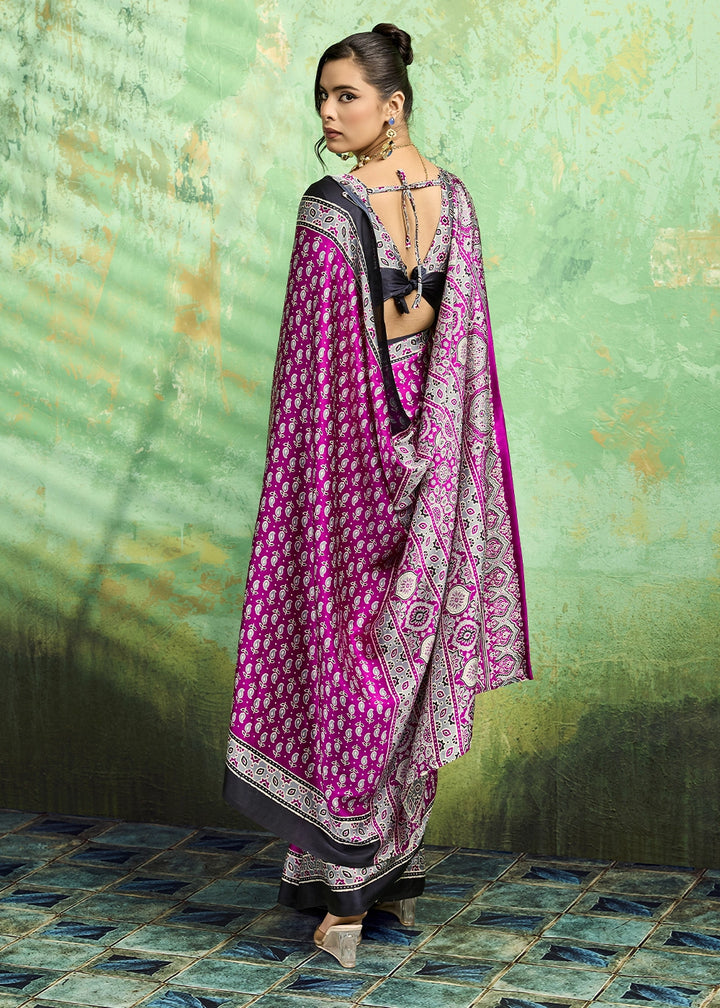 Rani Pink Modal Satin Ajrakh Print Saree