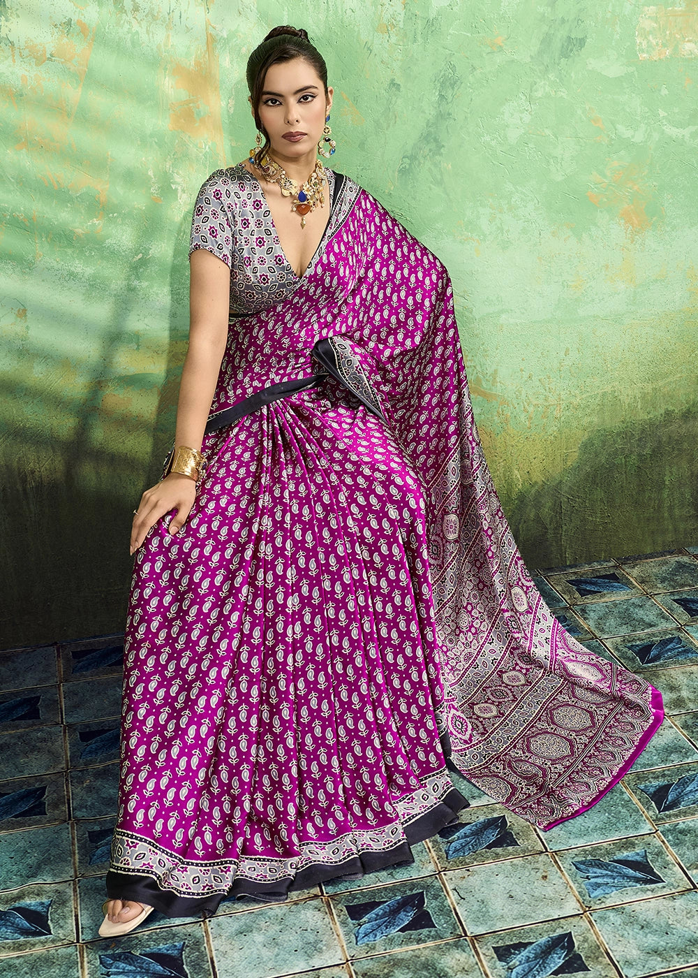 Rani Pink Modal Satin Ajrakh Print Saree