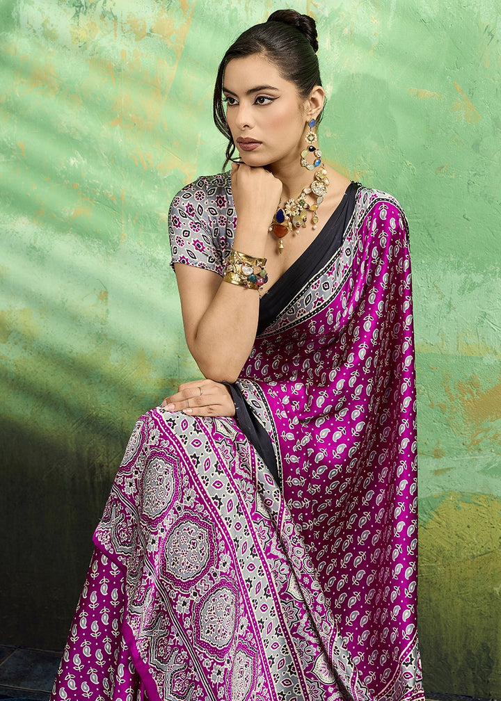 Rani Pink Modal Satin Ajrakh Print Saree