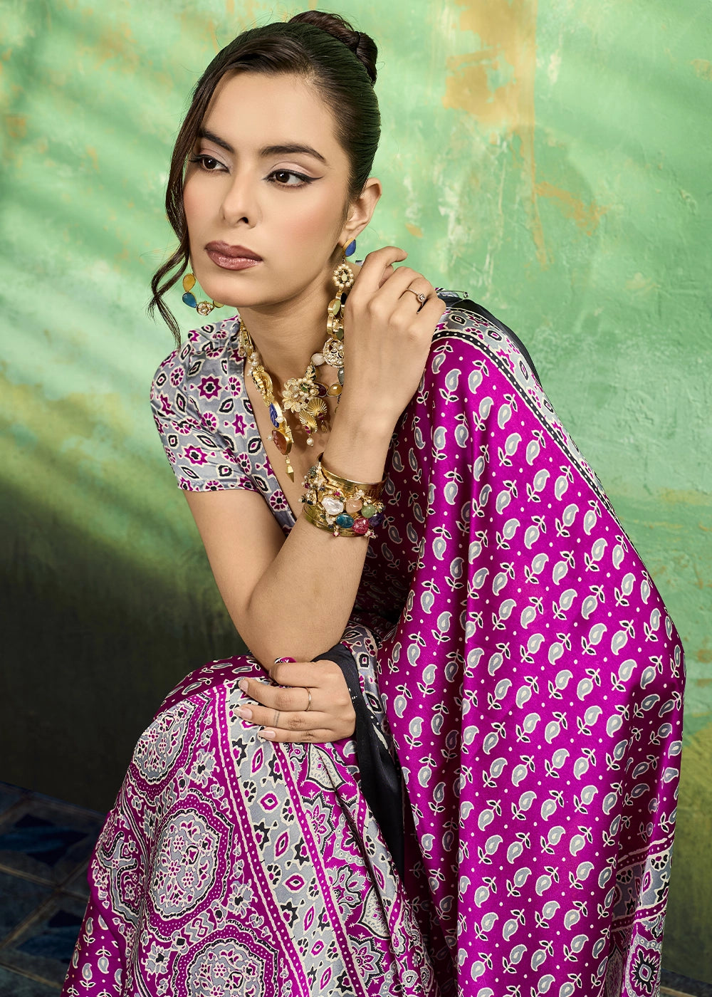 Rani Pink Modal Satin Ajrakh Print Saree