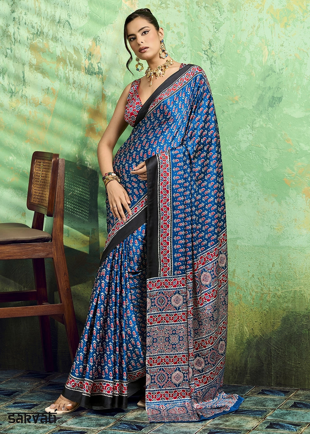 Royal Blue Modal Satin Ajrakh Print Saree
