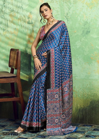 Royal Blue Modal Satin Ajrakh Print Saree