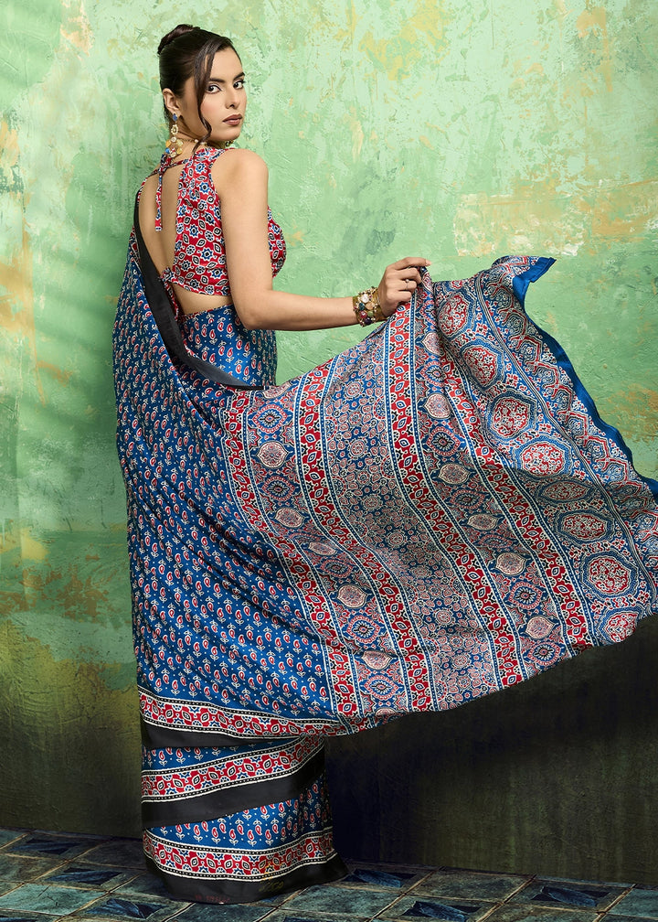 Royal Blue Modal Satin Ajrakh Print Saree