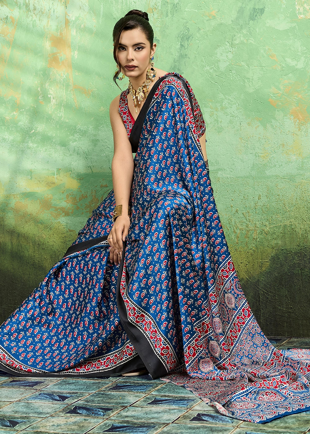 Royal Blue Modal Satin Ajrakh Print Saree