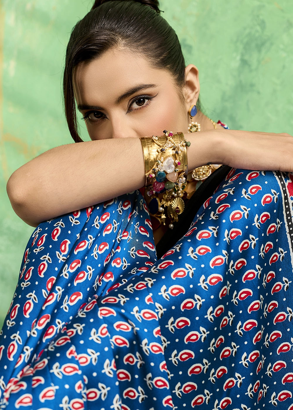 Royal Blue Modal Satin Ajrakh Print Saree