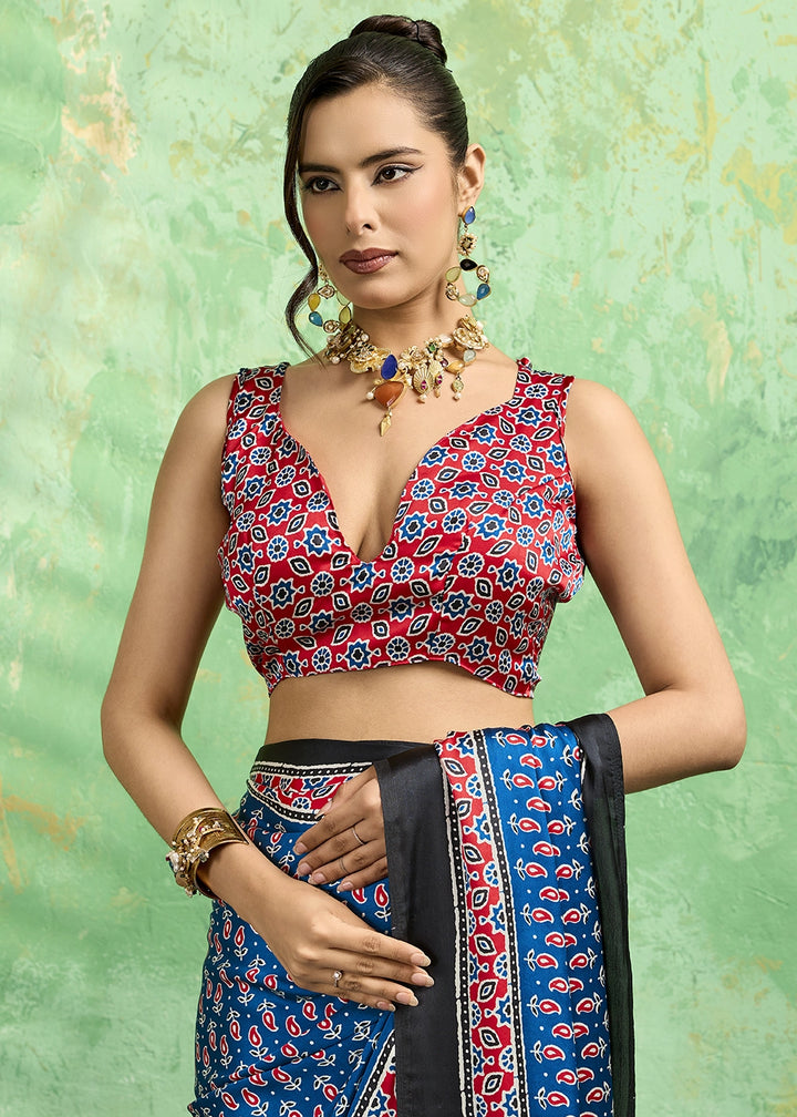 Royal Blue Modal Satin Ajrakh Print Saree