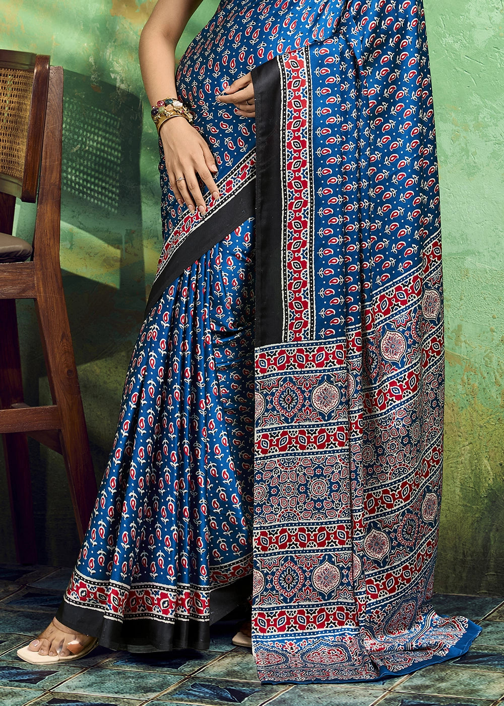 Royal Blue Modal Satin Ajrakh Print Saree