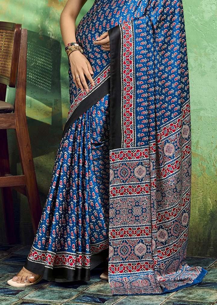 Royal Blue Modal Satin Ajrakh Print Saree