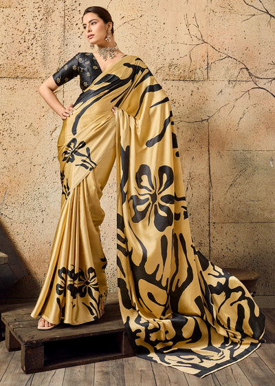 Champagne Gold Modal Satin Ajrakh Printed Summer Saree