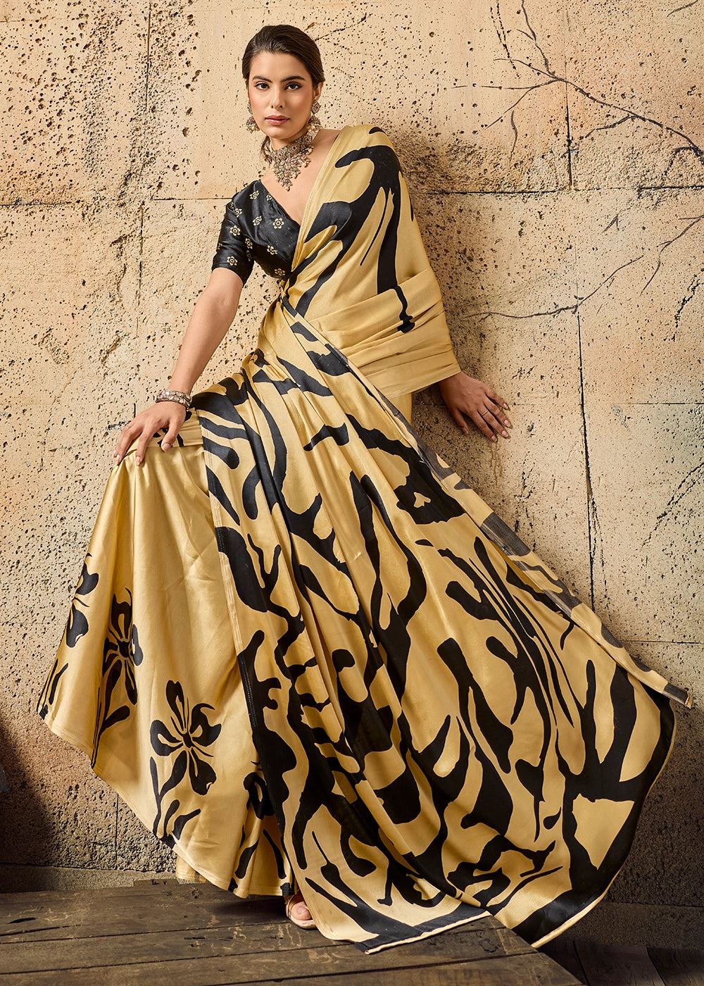 Champagne Gold Modal Satin Ajrakh Printed Summer Saree