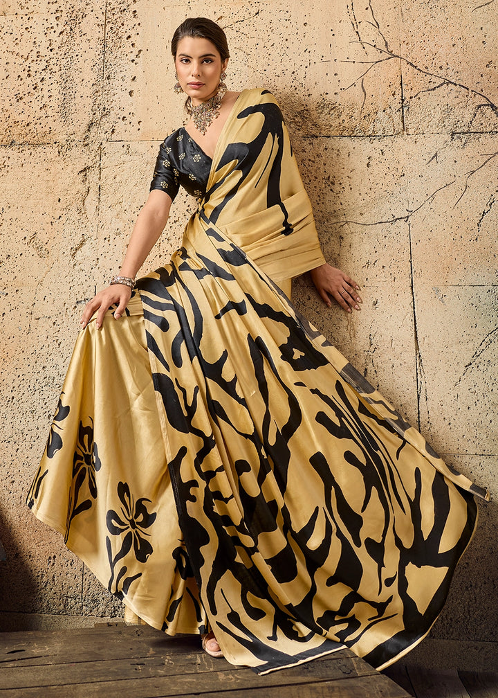 Champagne Gold Modal Satin Ajrakh Printed Summer Saree