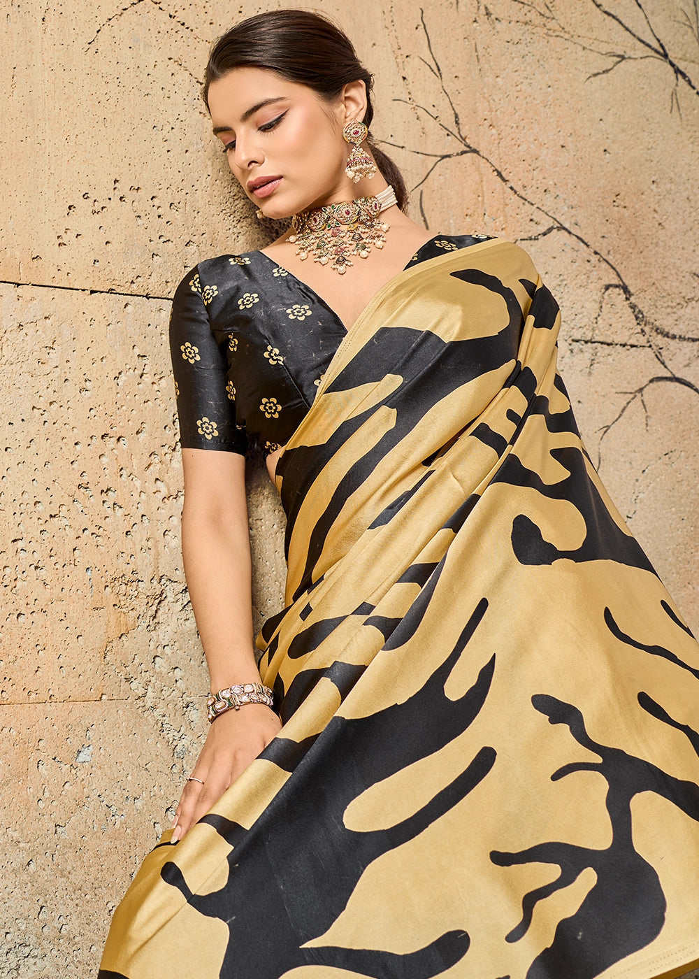Champagne Gold Modal Satin Ajrakh Printed Summer Saree