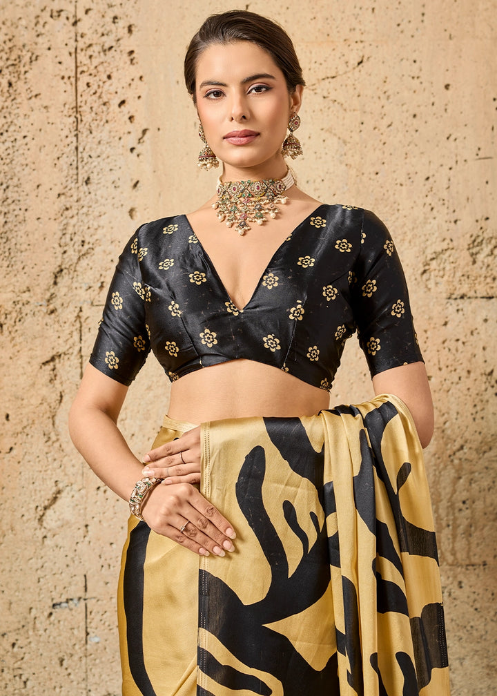 Champagne Gold Modal Satin Ajrakh Printed Summer Saree