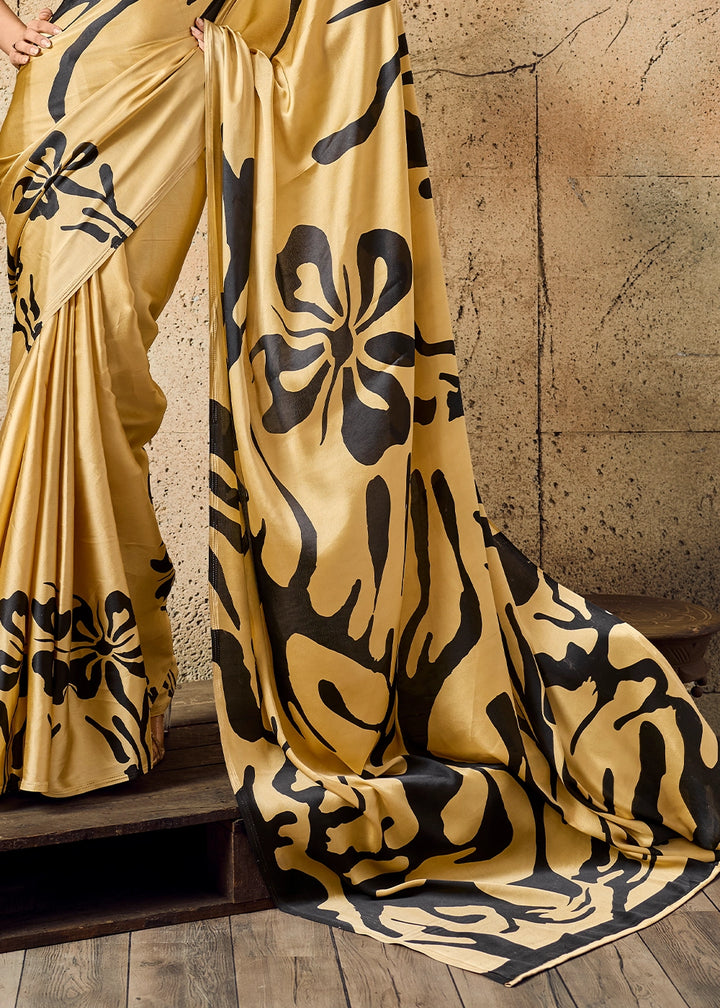 Champagne Gold Modal Satin Ajrakh Printed Summer Saree
