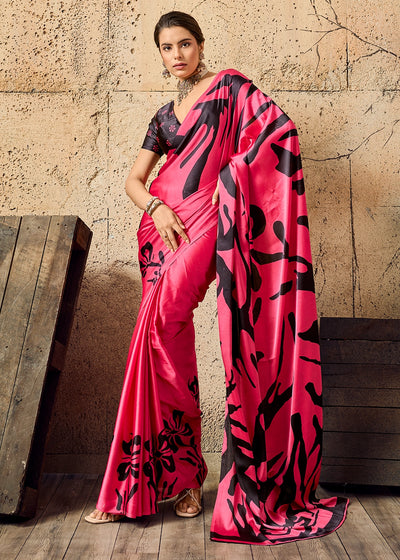 Raspberry Pink Modal Satin Ajrakh Printed Summer Saree