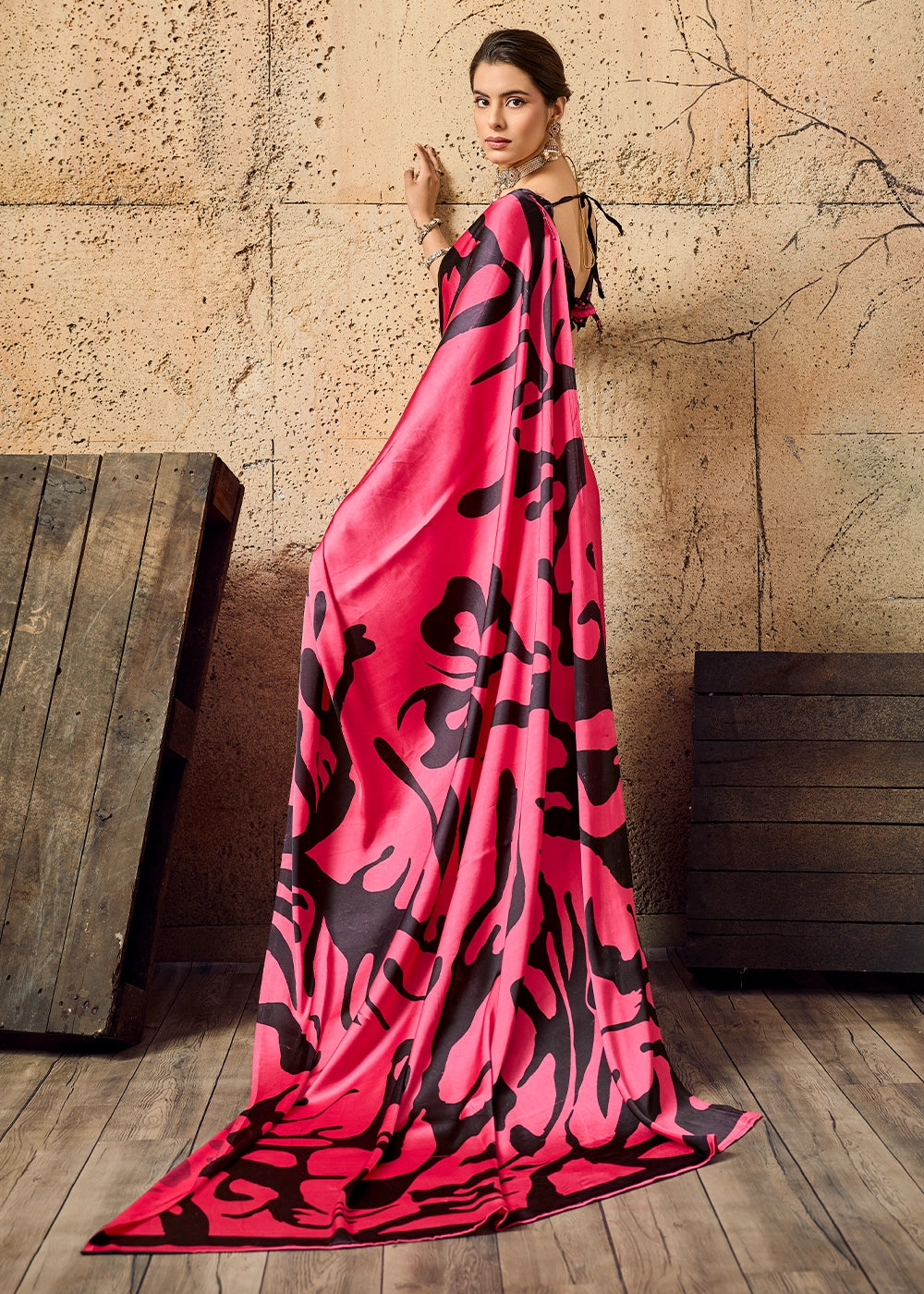 Raspberry Pink Modal Satin Ajrakh Printed Summer Saree