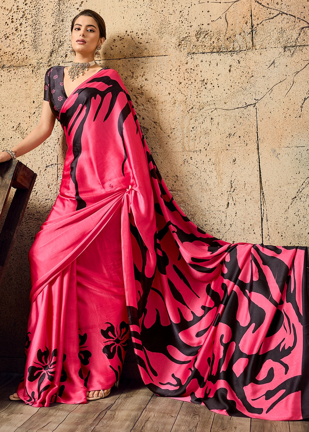 Raspberry Pink Modal Satin Ajrakh Printed Summer Saree