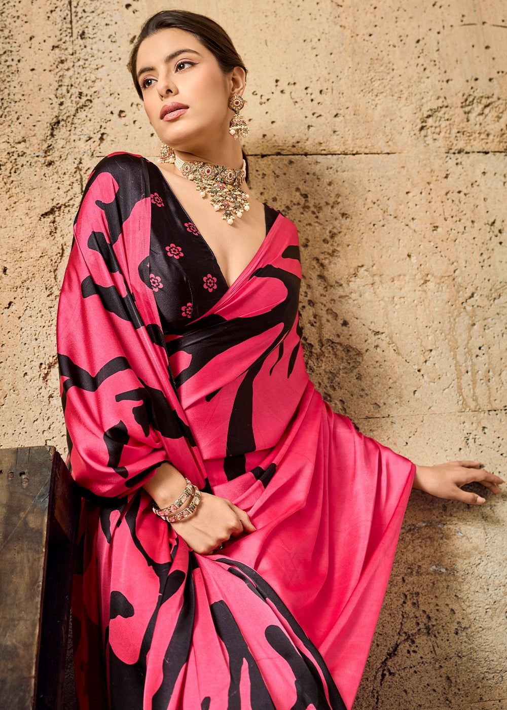 Raspberry Pink Modal Satin Ajrakh Printed Summer Saree