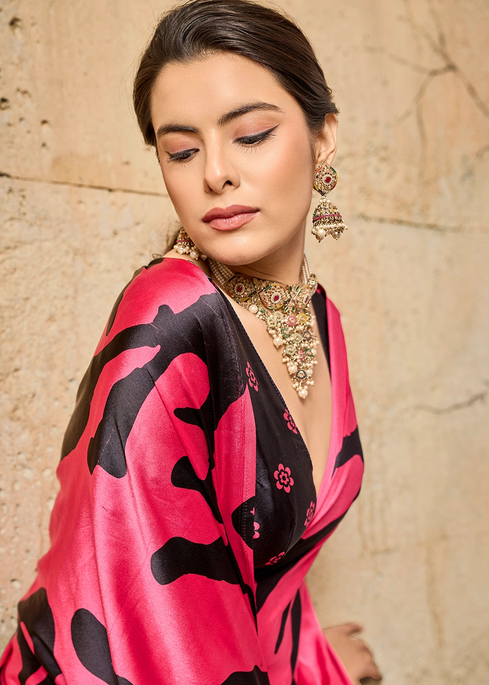 Raspberry Pink Modal Satin Ajrakh Printed Summer Saree