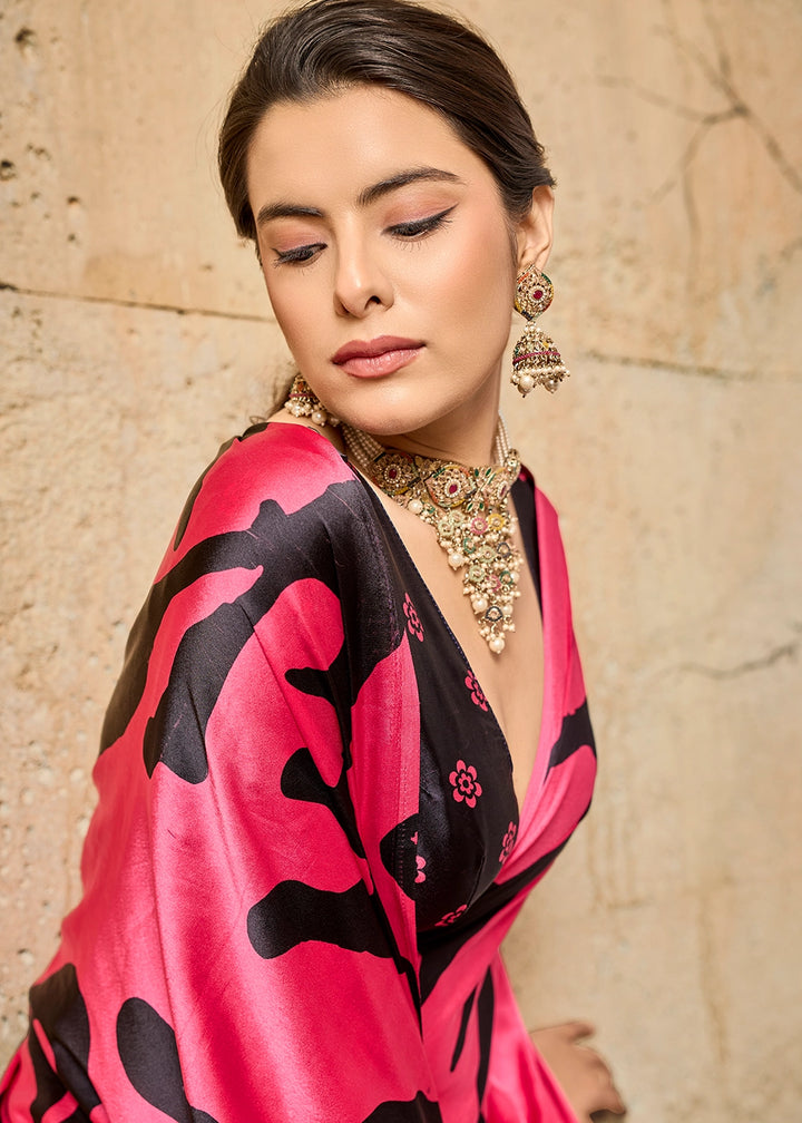 Raspberry Pink Modal Satin Ajrakh Printed Summer Saree