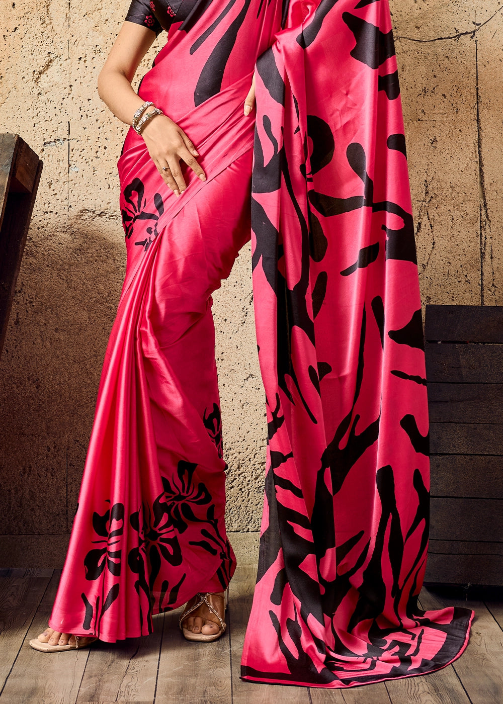 Raspberry Pink Modal Satin Ajrakh Printed Summer Saree