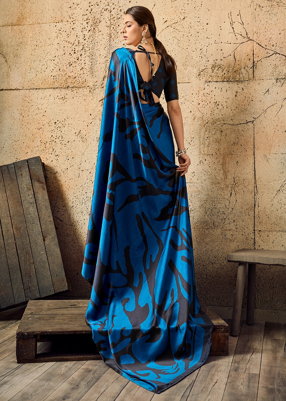 Royal Blue Modal Satin Ajrakh Printed Summer Saree