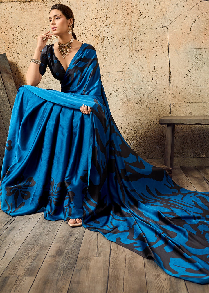 Royal Blue Modal Satin Ajrakh Printed Summer Saree