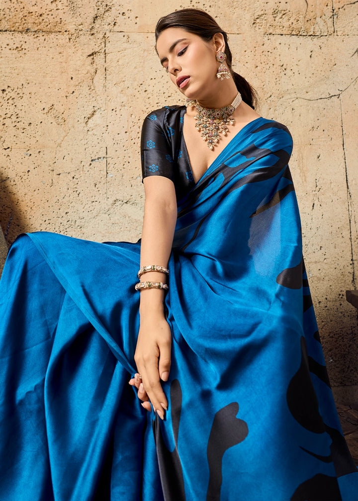 Royal Blue Modal Satin Ajrakh Printed Summer Saree