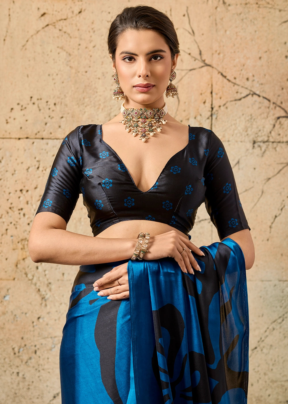 Royal Blue Modal Satin Ajrakh Printed Summer Saree
